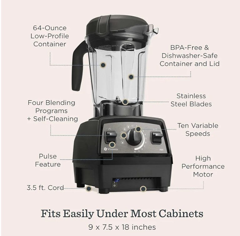Vitamix Propel Series 750 Blender with Four Blending Programs, Self-Cleaning Program, Professional-Grade Blender for Smoothies, Soups and More, Stainless-Steel Blades, 64 Oz Container, Black