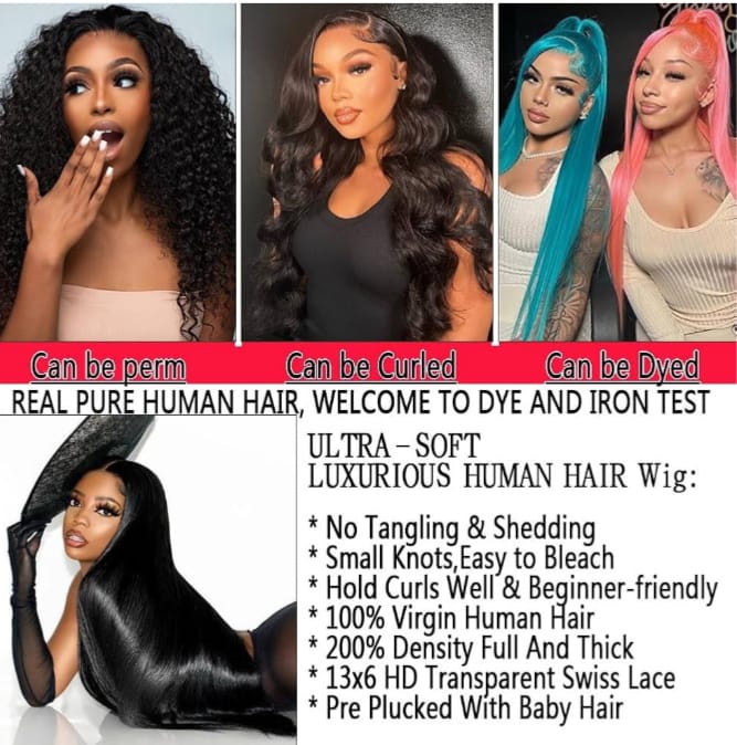 34 Inch 13x6 HD Transparent Straight Lace Front Wigs Human Hair Pre Plucked 200 Density Wigs for Women Gluelsss Wigs Human hair with Baby Hair Human Hair Wig