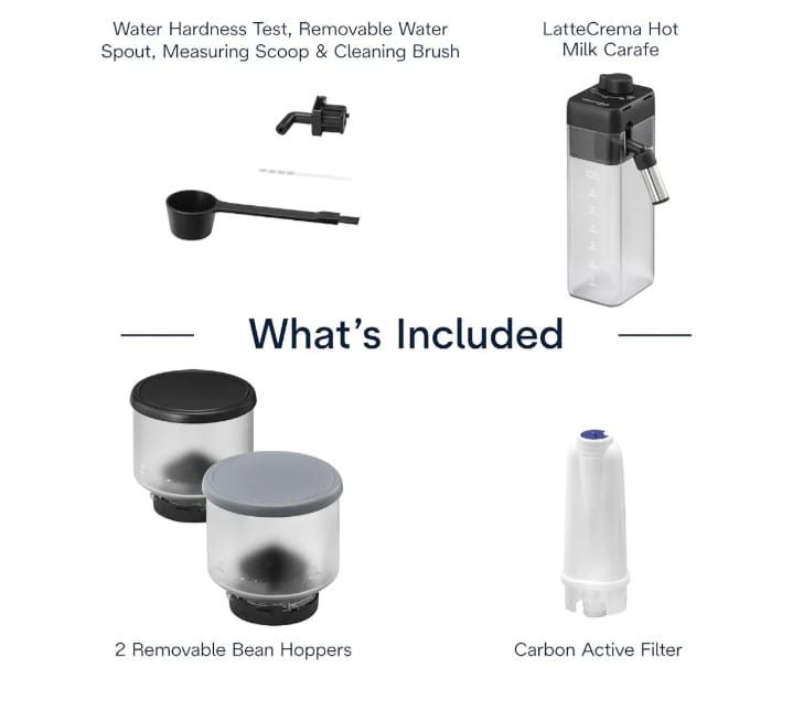 De'Longhi Rivelia Automatic Espresso Machine with Grinder & Milk Frother – All-in-One Coffee Maker, Hot & Iced Latte, Cappuccino, Bean Switch System, Burr Grinder, Compact Italian Design, Black