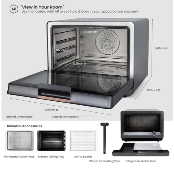 VAL CUCINA 7-in-1 Steam Convection Oven Countertop with Air Fry, Bake, Sous Vide, Ferment, Built-in Recipes | Anti-Scalding, Self Clean, Food-grade Stainless Steel Cavity & Accessories | 1500W (Black)