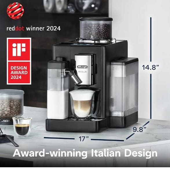 De'Longhi Rivelia Automatic Espresso Machine with Grinder & Milk Frother – All-in-One Coffee Maker, Hot & Iced Latte, Cappuccino, Bean Switch System, Burr Grinder, Compact Italian Design, Black
