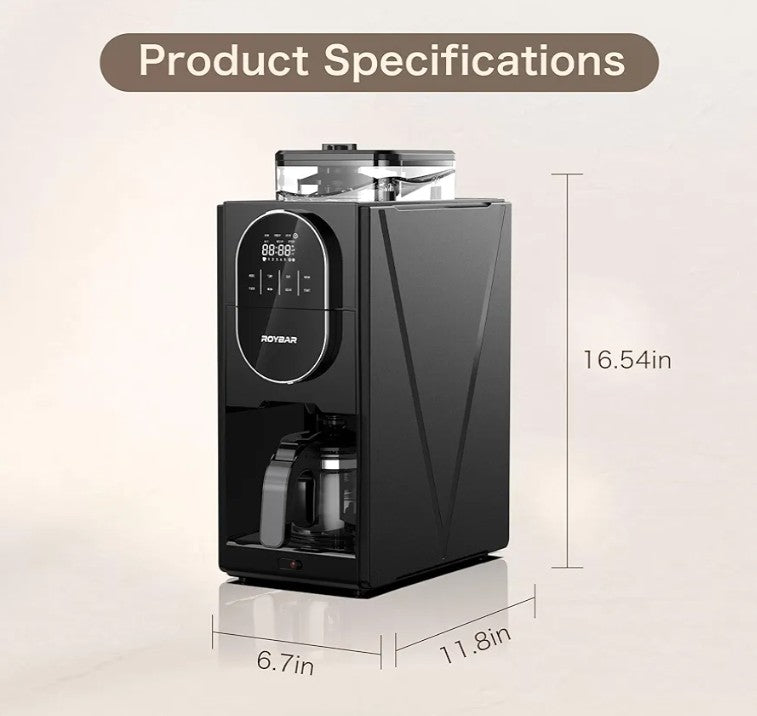 Coffee Maker with Grinder, Programmable Hot and Cold Coffee Maker with 22 oz Glass Carafe, Adjustable Fully Automatic grind and brew Coffee Machine with Timer, Black Americano Iced Coffee Machine