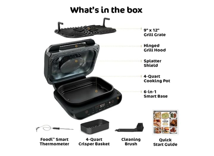 Ninja | Indoor Grill and Air Fryer| Foodi Smart XL | 6-in-1 Grill, Air Fry, Roast, Bake, Broil, Dehydrate & Crisp |Smart Thermometer & Splatter Shield | Dishwasher Safe Parts | Black/Silver | FG551