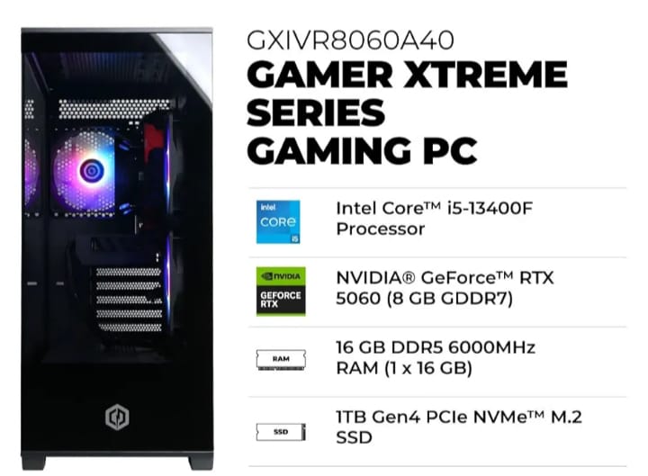 CyberPowerPC Gamer Xtreme VR Gaming PC, Intel Core i5-13400F 2.5GHz, GeForce RTX 5060 8GB, 16GB DDR5, 1TB PCIe 4.0 SSD, WiFi Ready & Windows 11 Home (GXiVR8060A40)