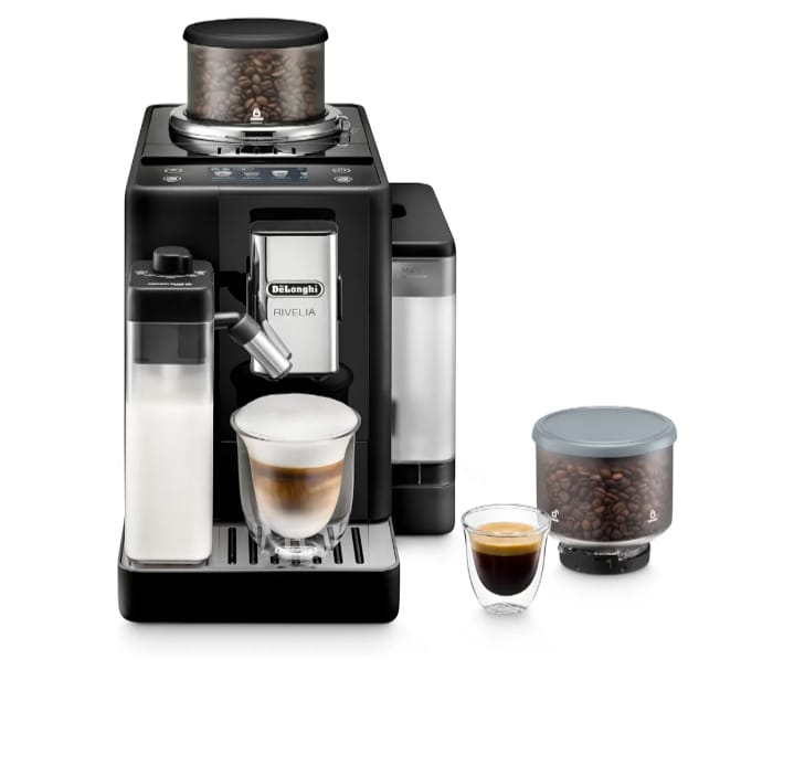 De'Longhi Rivelia Automatic Espresso Machine with Grinder & Milk Frother – All-in-One Coffee Maker, Hot & Iced Latte, Cappuccino, Bean Switch System, Burr Grinder, Compact Italian Design, Black