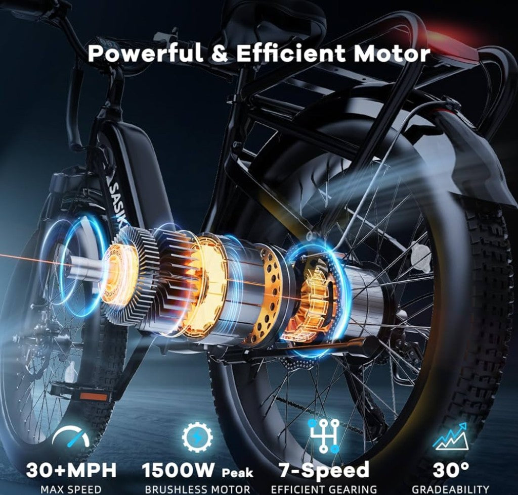 1500W Motor Peak Electric Bike for Adults and Teenagers, 48V 20AH Removable Battery Step Thru EBike, 30+MPH, 80 Miles Max Range, 24" Fat Tire Adult Electric Bicycles for 7 Speed