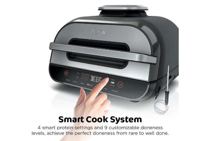 Ninja | Indoor Grill and Air Fryer| Foodi Smart XL | 6-in-1 Grill, Air Fry, Roast, Bake, Broil, Dehydrate & Crisp |Smart Thermometer & Splatter Shield | Dishwasher Safe Parts | Black/Silver | FG551