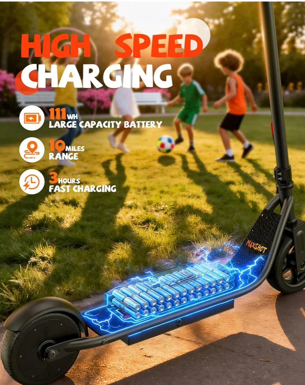 MAXSHOT Electric Scooter for Kids 6-14, 250W Powerful Motor, Max Speed 9MPH, 10 Miles Long Range, 3 Speed Modes, 6.5" Tires Portable E-Scooter with App Control, Dual Braking System for Boys & Girls
