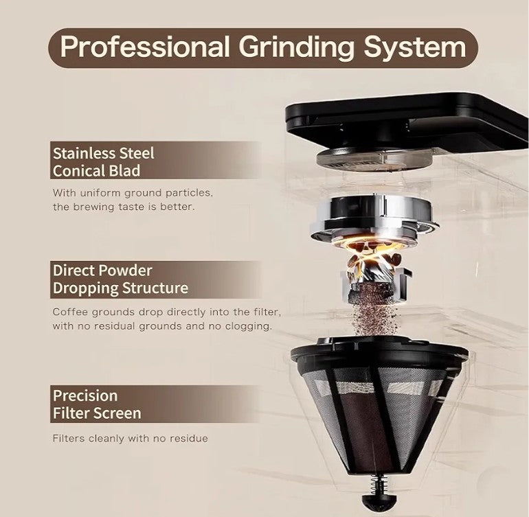 Coffee Maker with Grinder, Programmable Hot and Cold Coffee Maker with 22 oz Glass Carafe, Adjustable Fully Automatic grind and brew Coffee Machine with Timer, Black Americano Iced Coffee Machine