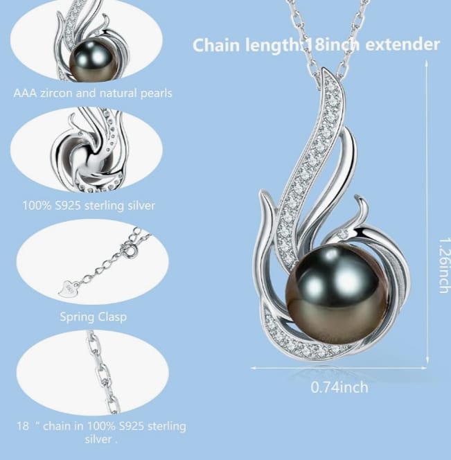 Tahitian Black Pearl Necklaces for Women 10-11mm - Pearl Necklace Phoenix Pendant | with 925 Sterling Silver 18" Chain - Christmas Mothers Day Valentine's Day Gifts For Women Wife Mom Grandma Girlfriend Daughter Her Best Friend Birthday Anniversary Fine J