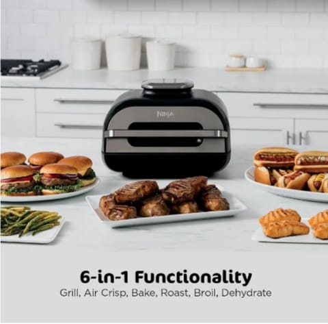 Ninja | Indoor Grill and Air Fryer| Foodi Smart XL | 6-in-1 Grill, Air Fry, Roast, Bake, Broil, Dehydrate & Crisp |Smart Thermometer & Splatter Shield | Dishwasher Safe Parts | Black/Silver | FG551
