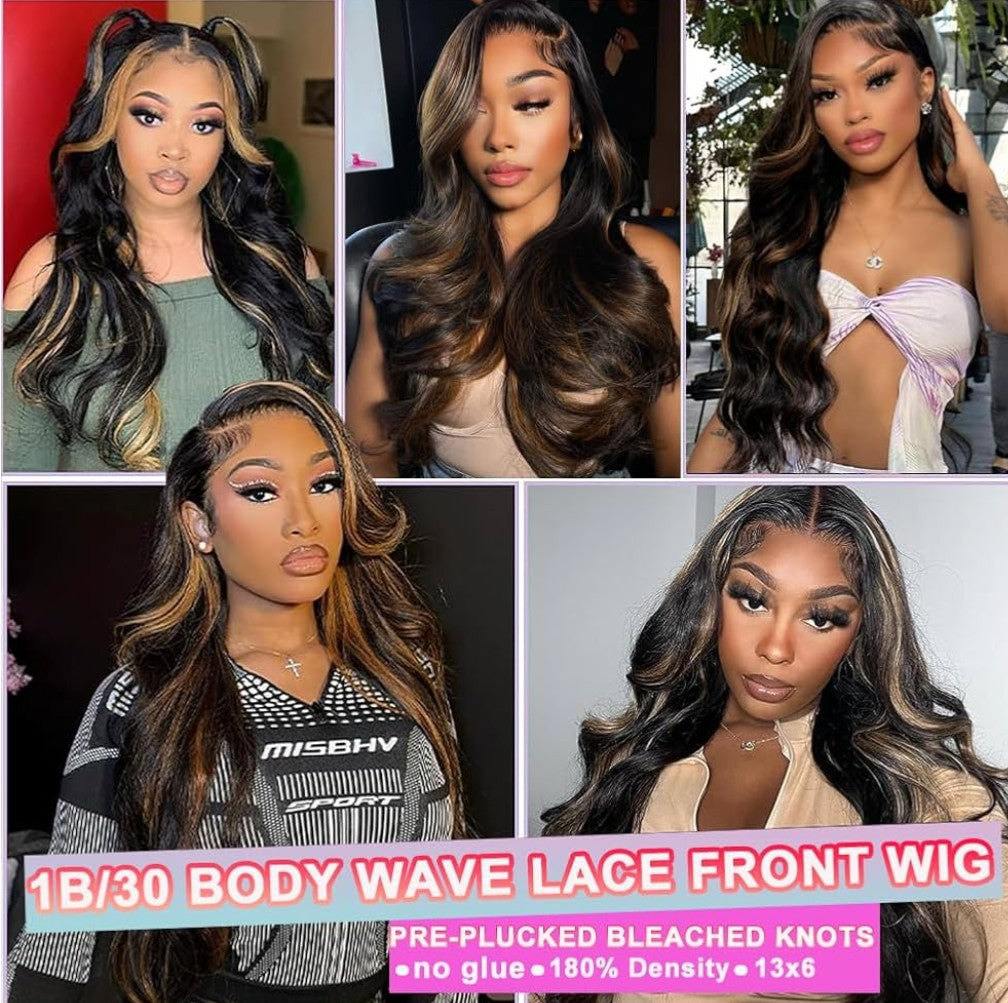 13x6 Ombre Lace Front Wig Human Hair 1B/30 Highlight Lace Front Wig Human Hair 180% Density Body Wave HD Transparent Lace Frontal Wigs Human Hair Colored Balayage Wig for Black Women 28 Inch