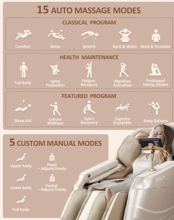 RELX 2026 Massage Chair Full Body, 20 Modes Zero Gravity SL-Track Shiatsu Massage Chair Built-in Heat System, Airbag Massage with Body Scan, Deep Yoga Stretch, Calfrest Extension and AI Control(Cream)