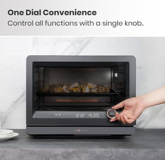 VAL CUCINA 7-in-1 Steam Convection Oven Countertop with Air Fry, Bake, Sous Vide, Ferment, Built-in Recipes | Anti-Scalding, Self Clean, Food-grade Stainless Steel Cavity & Accessories | 1500W (Black)