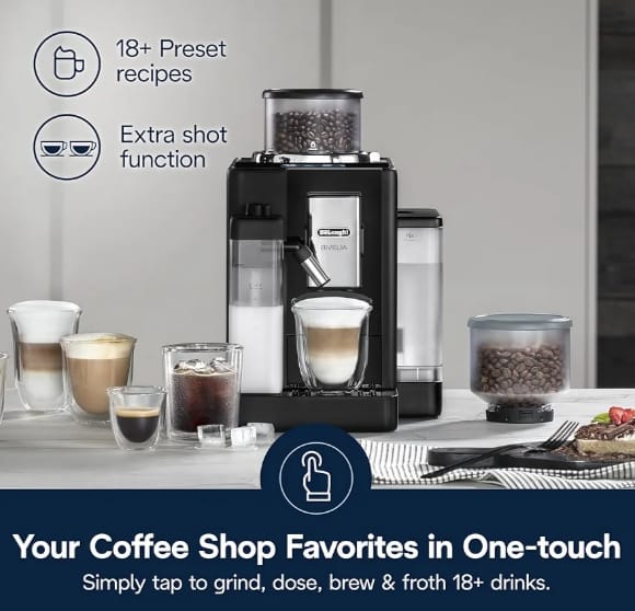 De'Longhi Rivelia Automatic Espresso Machine with Grinder & Milk Frother – All-in-One Coffee Maker, Hot & Iced Latte, Cappuccino, Bean Switch System, Burr Grinder, Compact Italian Design, Black