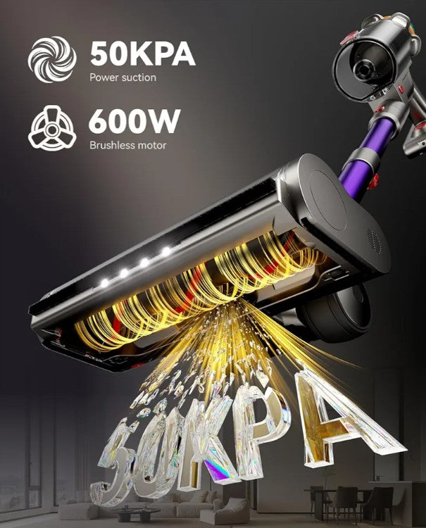 Cordless Vacuum Cleaner, 50KPA 65Mins XL Dust Cup Vacuum Cleaners for Home, Stick Vacuum with Anti-Tangle Brush,LED Display,Self-Standing, Vacuum Cordless for Hardwood Floor, Carpet, Pet Hair