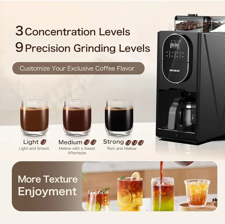 Coffee Maker with Grinder, Programmable Hot and Cold Coffee Maker with 22 oz Glass Carafe, Adjustable Fully Automatic grind and brew Coffee Machine with Timer, Black Americano Iced Coffee Machine