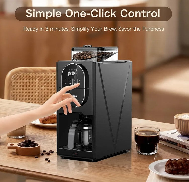 Coffee Maker with Grinder, Programmable Hot and Cold Coffee Maker with 22 oz Glass Carafe, Adjustable Fully Automatic grind and brew Coffee Machine with Timer, Black Americano Iced Coffee Machine