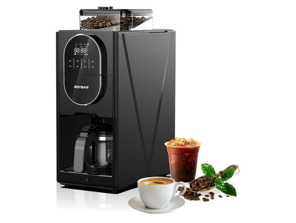 Coffee Maker with Grinder, Programmable Hot and Cold Coffee Maker with 22 oz Glass Carafe, Adjustable Fully Automatic grind and brew Coffee Machine with Timer, Black Americano Iced Coffee Machine