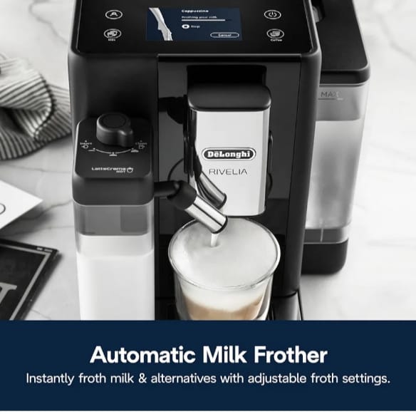 De'Longhi Rivelia Automatic Espresso Machine with Grinder & Milk Frother – All-in-One Coffee Maker, Hot & Iced Latte, Cappuccino, Bean Switch System, Burr Grinder, Compact Italian Design, Black