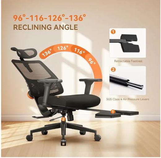 Newtral Ergonomic Office Chair with Footrest, Auto-Adjusting Lumbar Support, 4D Armrests & High Back - Adjustable Seat Depth, Height & 136° Tilt for Home Office & Gaming