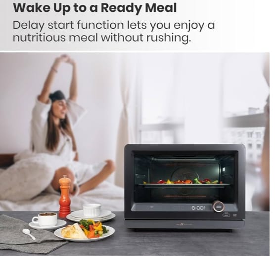 VAL CUCINA 7-in-1 Steam Convection Oven Countertop with Air Fry, Bake, Sous Vide, Ferment, Built-in Recipes | Anti-Scalding, Self Clean, Food-grade Stainless Steel Cavity & Accessories | 1500W (Black)