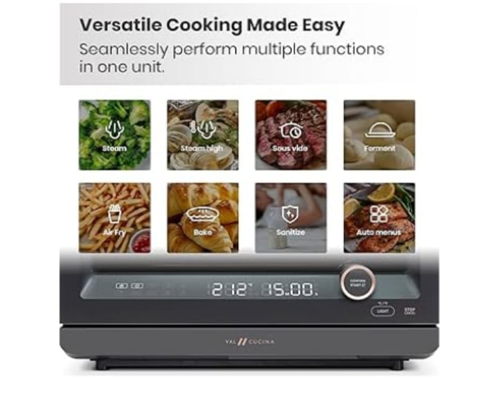 VAL CUCINA 7-in-1 Steam Convection Oven Countertop with Air Fry, Bake, Sous Vide, Ferment, Built-in Recipes | Anti-Scalding, Self Clean, Food-grade Stainless Steel Cavity & Accessories | 1500W (Black)