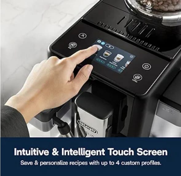 De'Longhi Rivelia Automatic Espresso Machine with Grinder & Milk Frother – All-in-One Coffee Maker, Hot & Iced Latte, Cappuccino, Bean Switch System, Burr Grinder, Compact Italian Design, Black