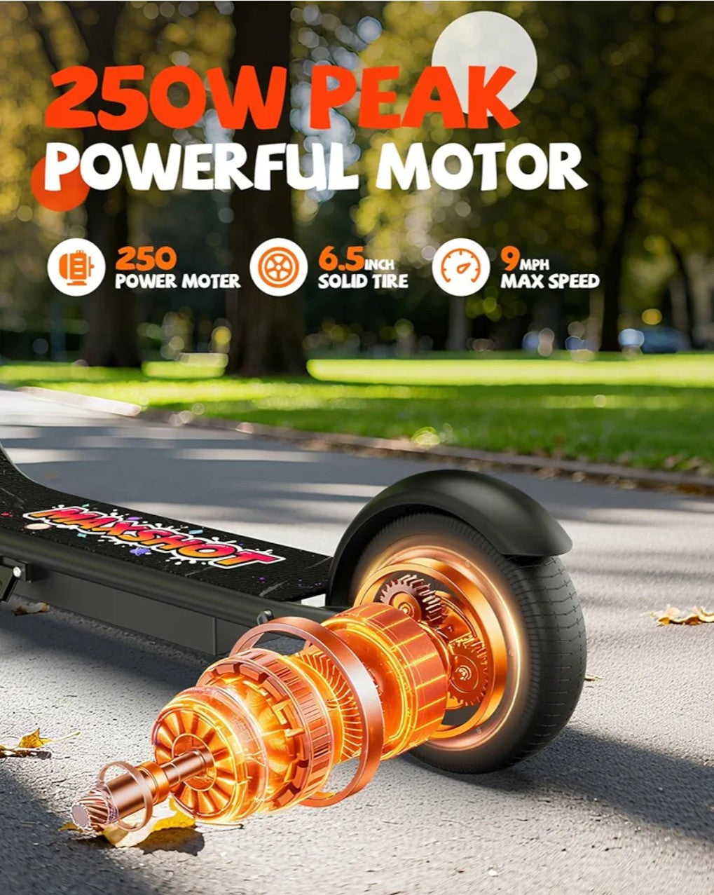 MAXSHOT Electric Scooter for Kids 6-14, 250W Powerful Motor, Max Speed 9MPH, 10 Miles Long Range, 3 Speed Modes, 6.5" Tires Portable E-Scooter with App Control, Dual Braking System for Boys & Girls