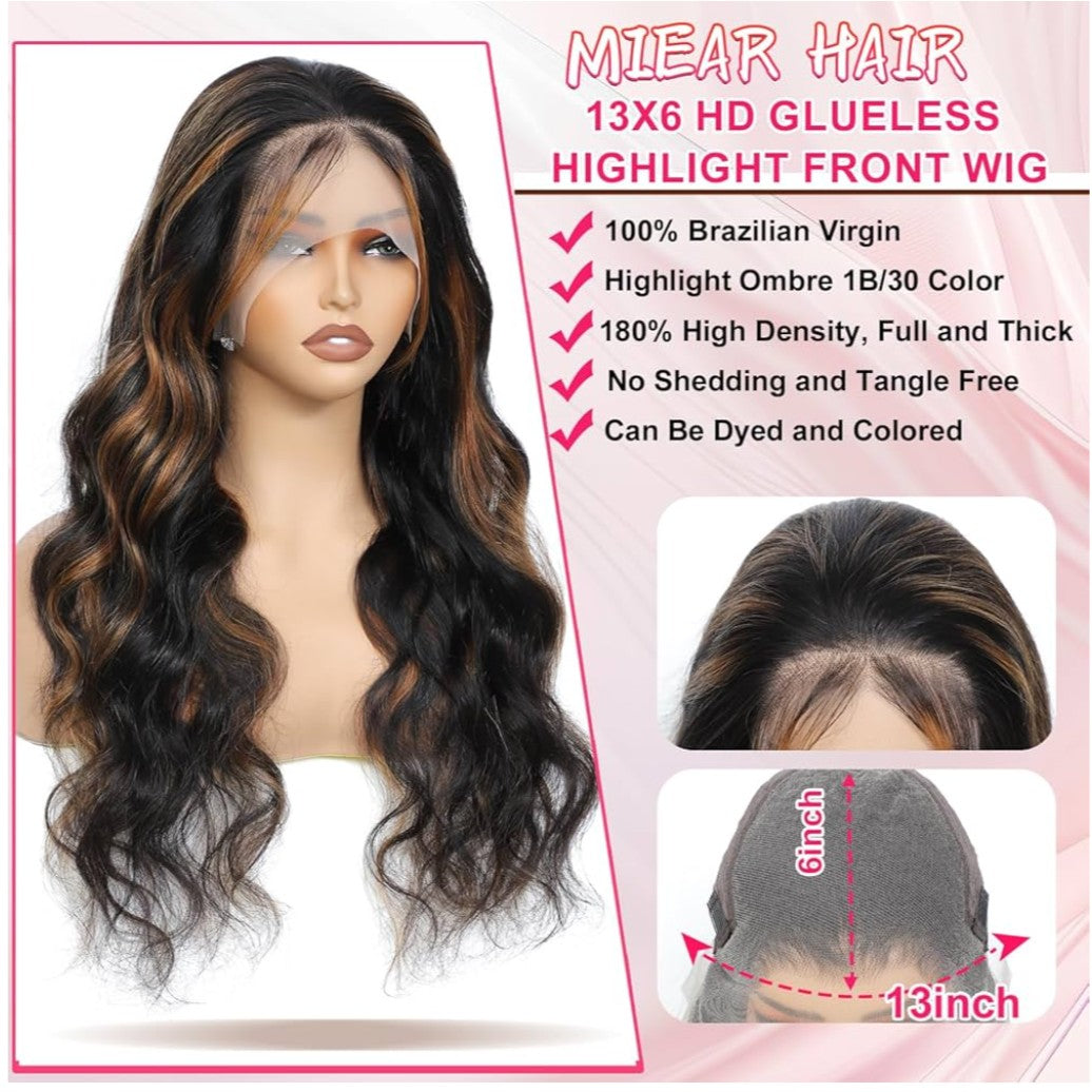 13x6 Ombre Lace Front Wig Human Hair 1B/30 Highlight Lace Front Wig Human Hair 180% Density Body Wave HD Transparent Lace Frontal Wigs Human Hair Colored Balayage Wig for Black Women 28 Inch