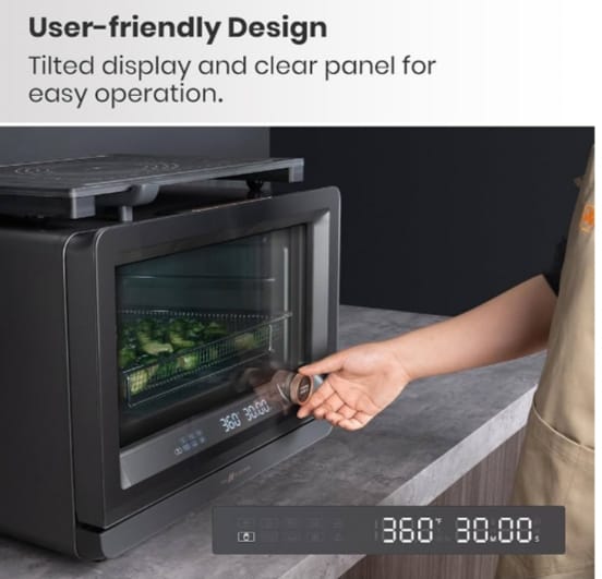 VAL CUCINA 7-in-1 Steam Convection Oven Countertop with Air Fry, Bake, Sous Vide, Ferment, Built-in Recipes | Anti-Scalding, Self Clean, Food-grade Stainless Steel Cavity & Accessories | 1500W (Black)